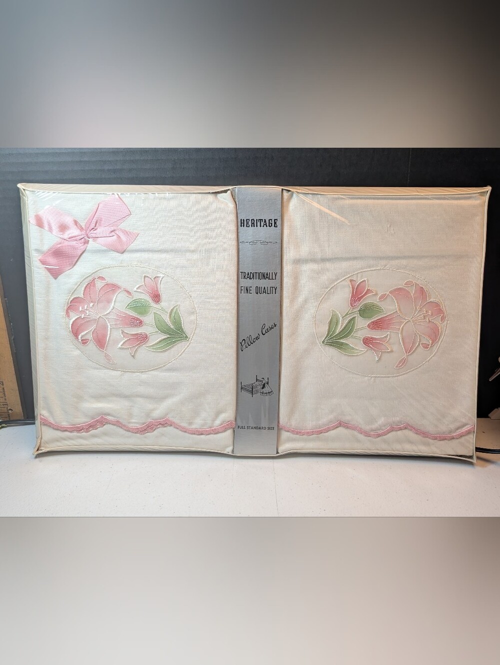 Heritage Cream Pillow Cases with Pink & Green Floral Embroidery Vintage Standard